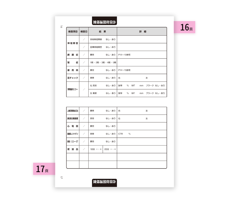 糖尿病連携手帳16ページ目 17ページ目（日本糖尿病協会）