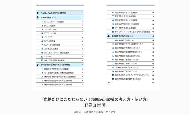 『血糖だけにこだわらない！糖尿病治療薬の考え方・使い方』目次案＠糖キング第46話 血糖だけにこだわらない！糖尿病治療薬の考え方・使い方　野見山崇